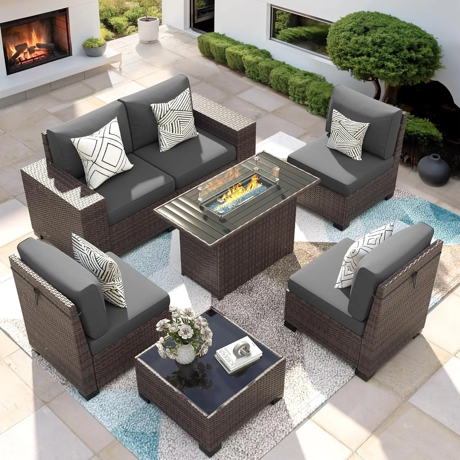 

7 Piece Outdoor Sectional Conversation Sets Wicker Rattan Sectional Sofa with Coffee Table for Patio Garden Backyard