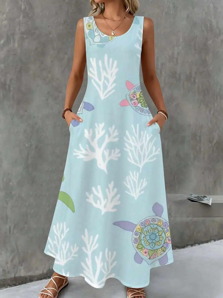 

Sleeveless Maxi Dress Light Blue Sea Turtle Coral Print Summer Beach Wear