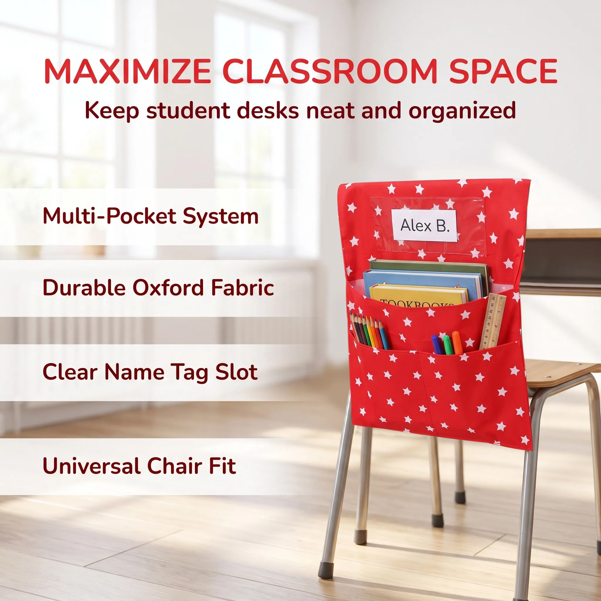 Chair Back Storage Pocket Red with Name Tag Window Classroom Chairback Hanging Organizer Bag Student Book Paper Storage Holder