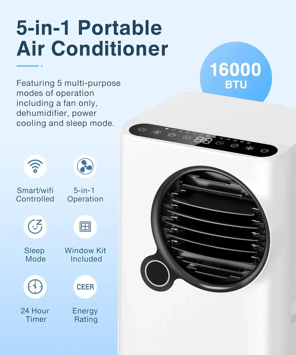 Air Conditioners, AC Unit cooling and heating with Fan & Dehumidifier, 24H Timer Remote/APP Control Smart/Sleep Mode 3 Fan Speed