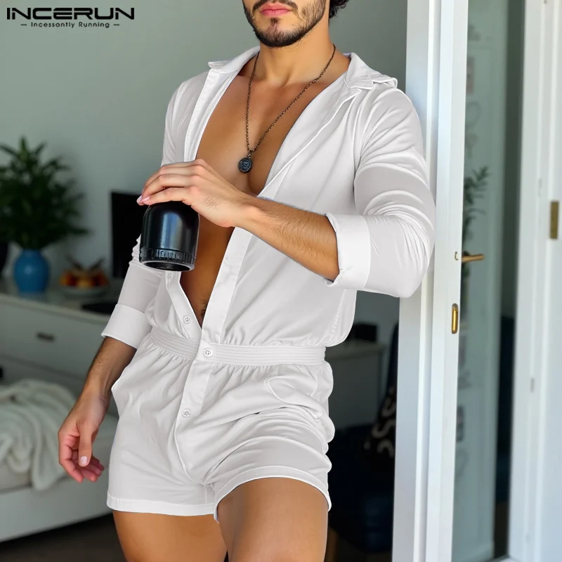 INCERUN 2024 American Style New Men Homewear Fashion Jumpsuit Ruffled Edge Design Bodysuits Male Solid Sexy Long Sleeved Rompers