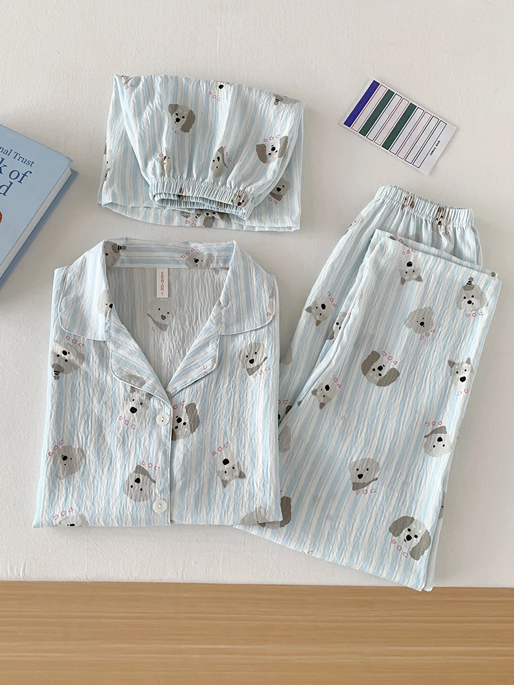 

Summer Thin Cotton Striped Spwear ort Sve Cartoon Print Home Clothes Set for Women Cute Dog Head Design Tee Pieces