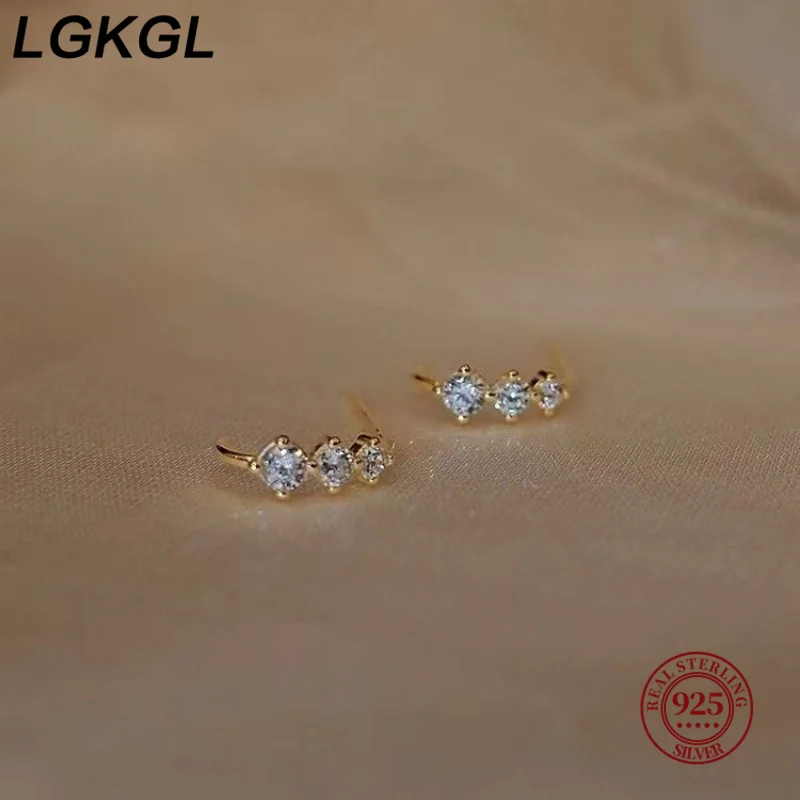 LGKGL S925 Sterling Silver Gold Plated Earrings for Women with Graduated Three Zircon Stones Micro-Paved Simulated Ear Cuff view 3