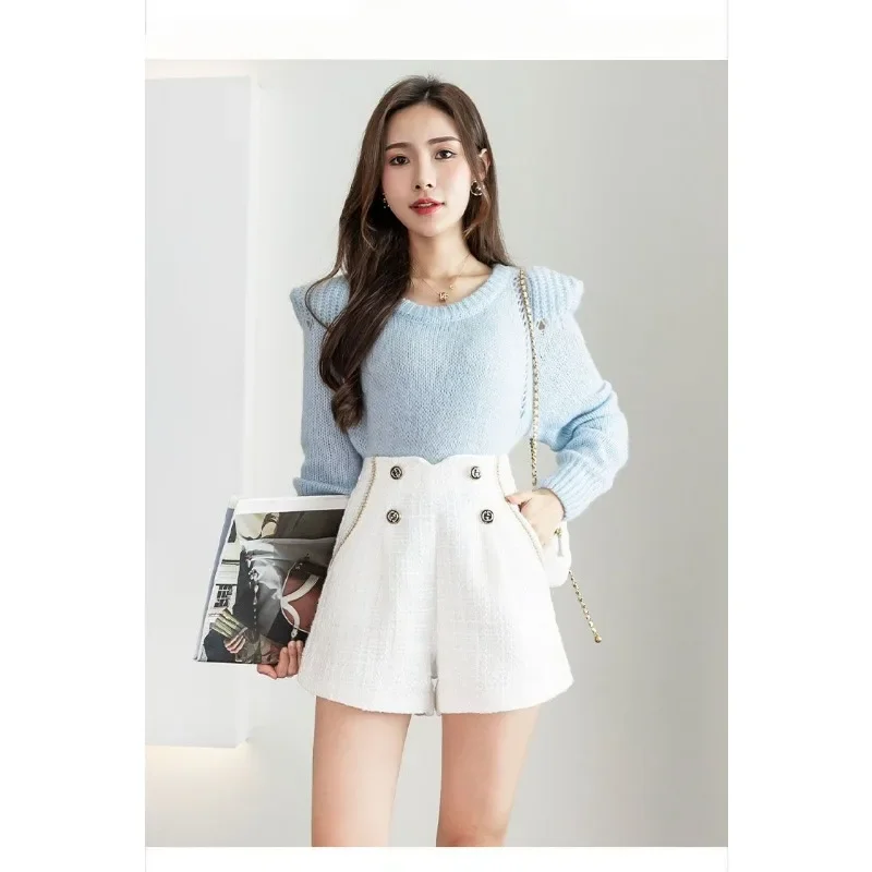 High-waisted Shorts Bright Silk Wearing Boot-pants Women Winter Style Small Fragrance Double-breasted Fashion Wide-leg Pants New