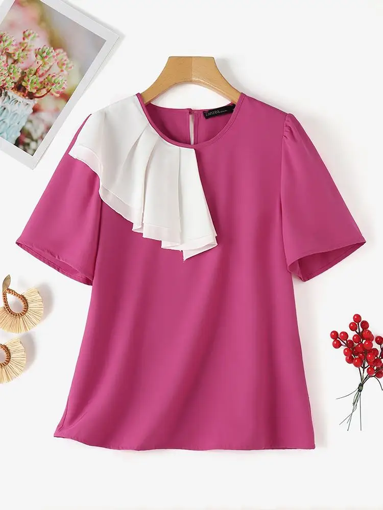 ZANZEA Women Elegant Spliced Ruffles Blouses Fashion Color Block Casual O Neck Short Sleeve T-shirts Stylish Chic Blusas Tops