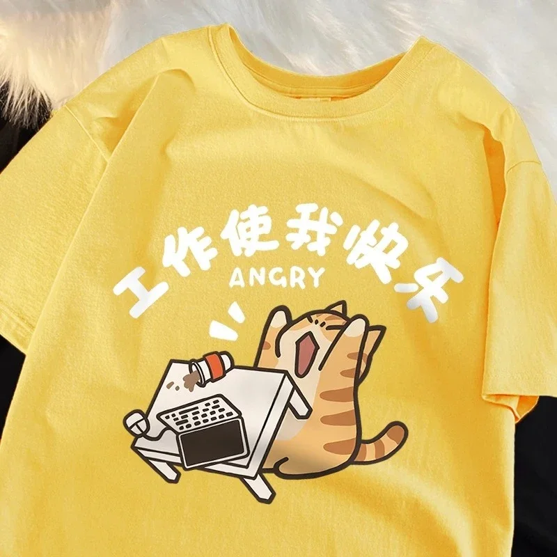 Work Makes Me Happy Fun Cat Printed Japanese Style T-Shirts Women Fashion Breathable Tshirt Casual  Summer Clothes Tops
