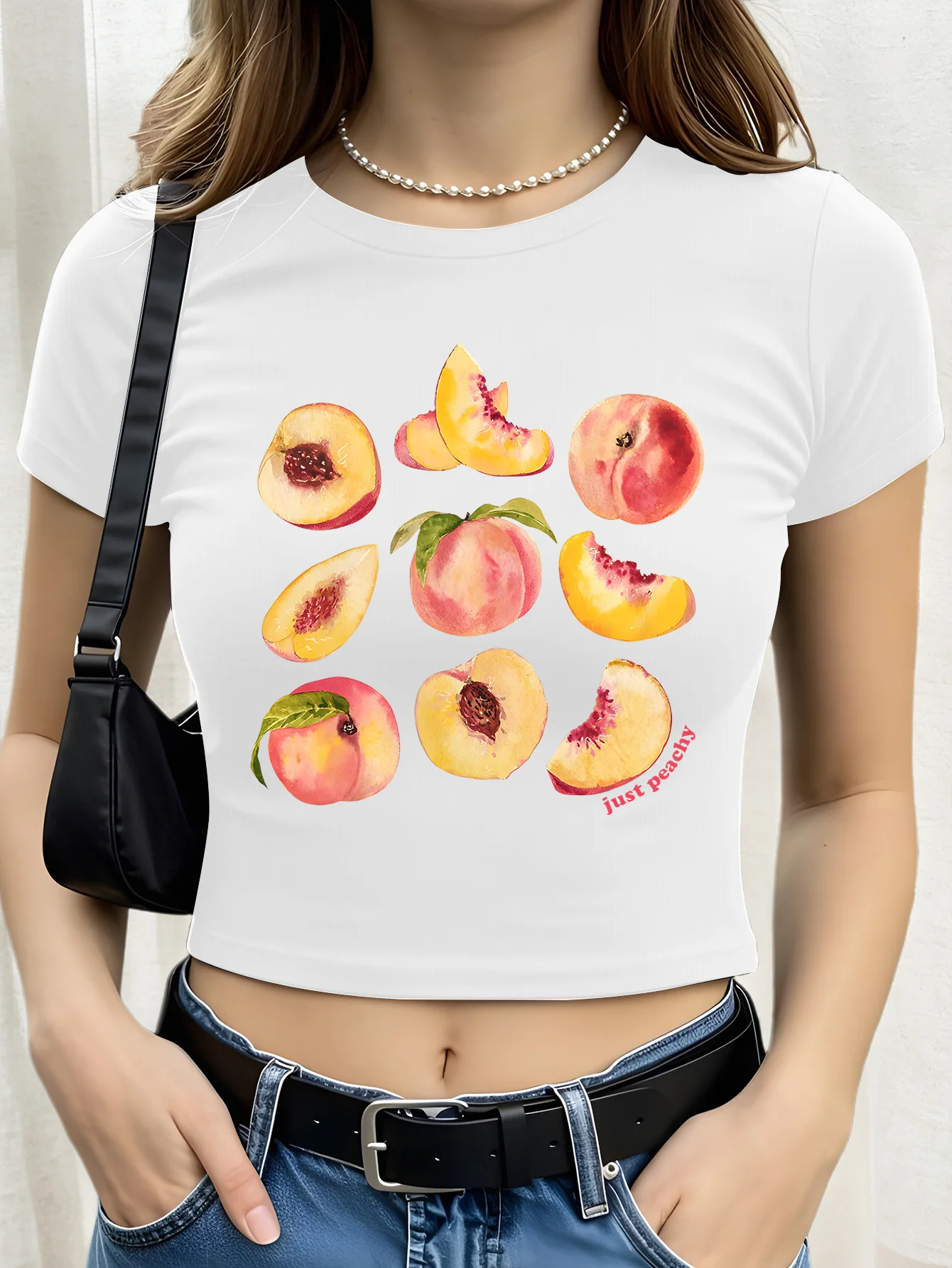 

Retro Peach Print Women's Cropped T-Shirt Black & Peach Geometric Design Harajuku Short Sleeve Casual Aesthetic Clothes