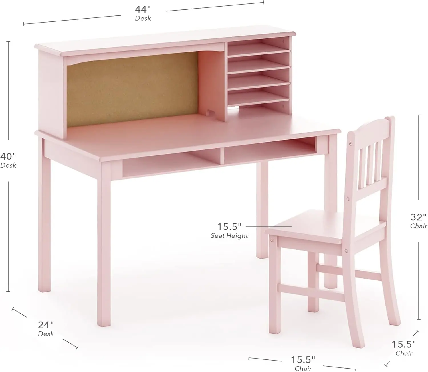 Kids Media Desk, Hutch and Chair Set - Pink: Student's Computer Desk with Storage Shelves and Corkboard, Kids Wooden