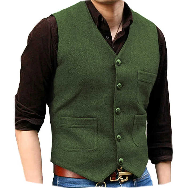 

Herringbone Men Vest Green Tweed Suit Business Daily Casual Vest Waistcoat Jacket Wedding Groom Work Clothing