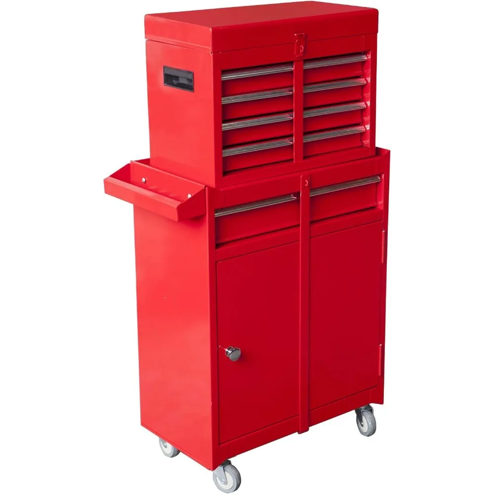 Rolling Garage Workshop Tool Organizer: Detachable 4 Drawer Tool Chest with Large Storage Cabinet and Adjustable Shelf, Red