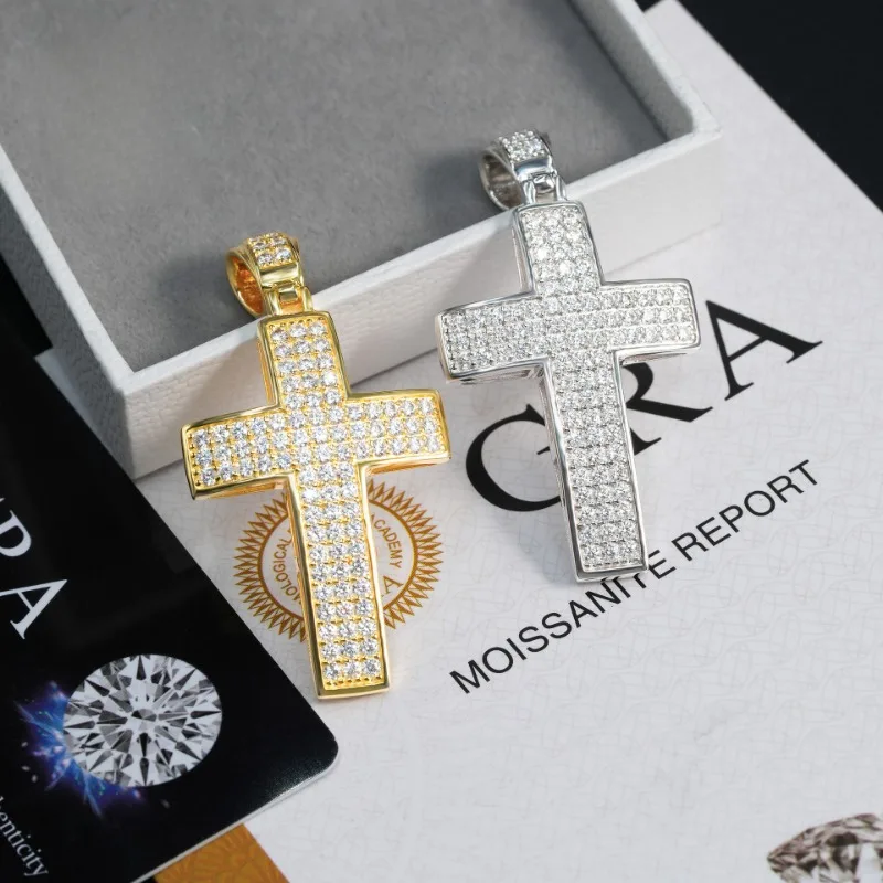 

Hiphop Iced Out D Color Moissanite Cross Pendant 925 Sterling Silver 18K Gold Plated Diamond Charm Pendant Pass Tennis Chain