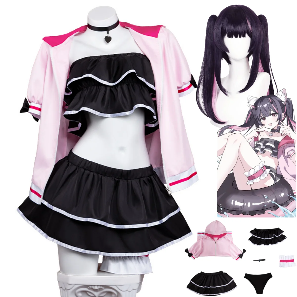 

Anime Cosmic Princess Kaguya Komazawa Noi Cosplay Costume Black Swimsuit Skirt Pink Coat Wig Woman Sexy Beach Bikini Suit