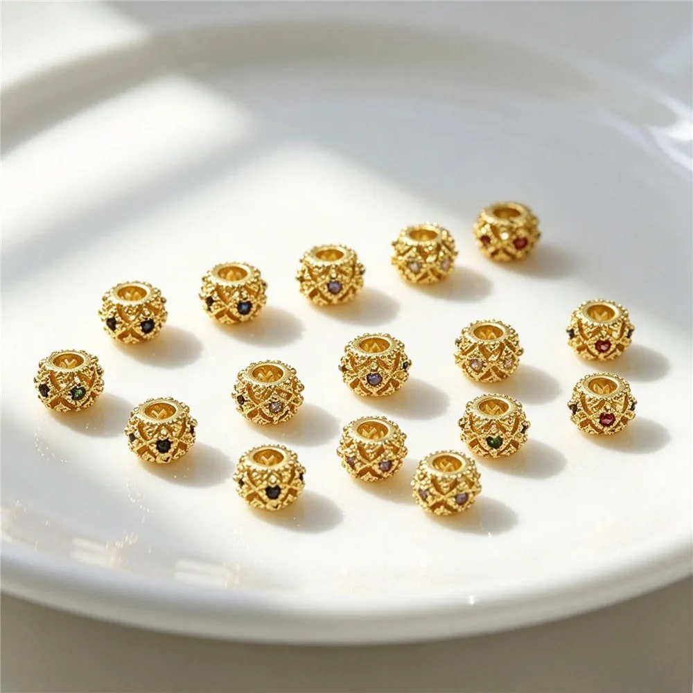 18K Gold Plated Brass Hollow Wreath Spacer Beads Inlaid Multi Color Zircon DIY Bracelet Jewelry Findings