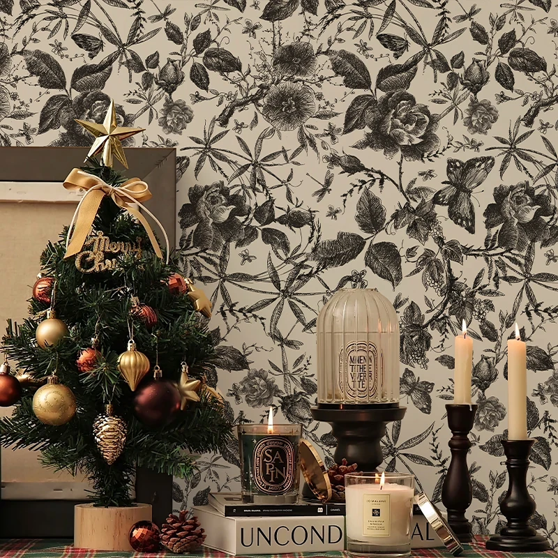 

Christmas French Romance PVC Wallpaper Festive Black Textured Self-Adhesive Wallpaper Peel And Stick Furniture Wall Renovation