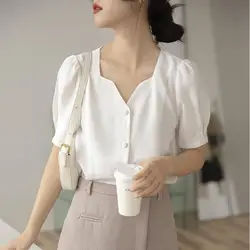 Summer New Fashionable Casual Solid Color Temperament Short Sleeved Shirt French Style Elegant Simple Versatile Women's Clothing