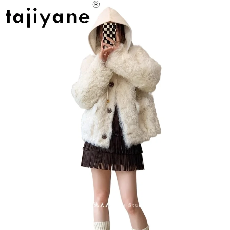 

TAJIYANE 100% Tuscany Wool Sheepskin Double Faced Fur Coat Woman Beige Real Fur Jacket with Knit Hat Winter Clothes 2025 шуба