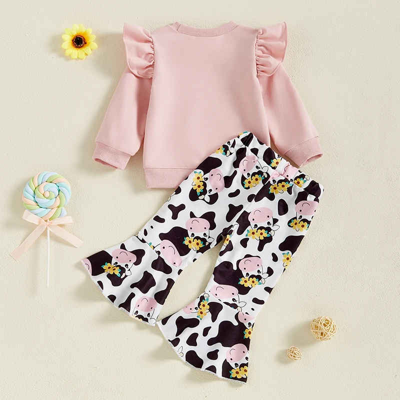 Autumn Baby Toddler Girl Clothes Cow Outfits Letter Print Ruffle Long Sleeve Sweatshirt Cow Print Flare Pants 2 Pcs Set