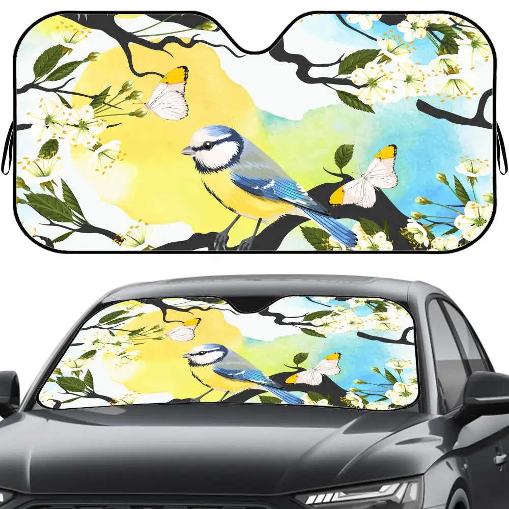 

Watercolor Birds Flowers Sun Visor Reusable Aluminum Foil UV Protector Heat Five-Layer Insulation Windshield Sunshades