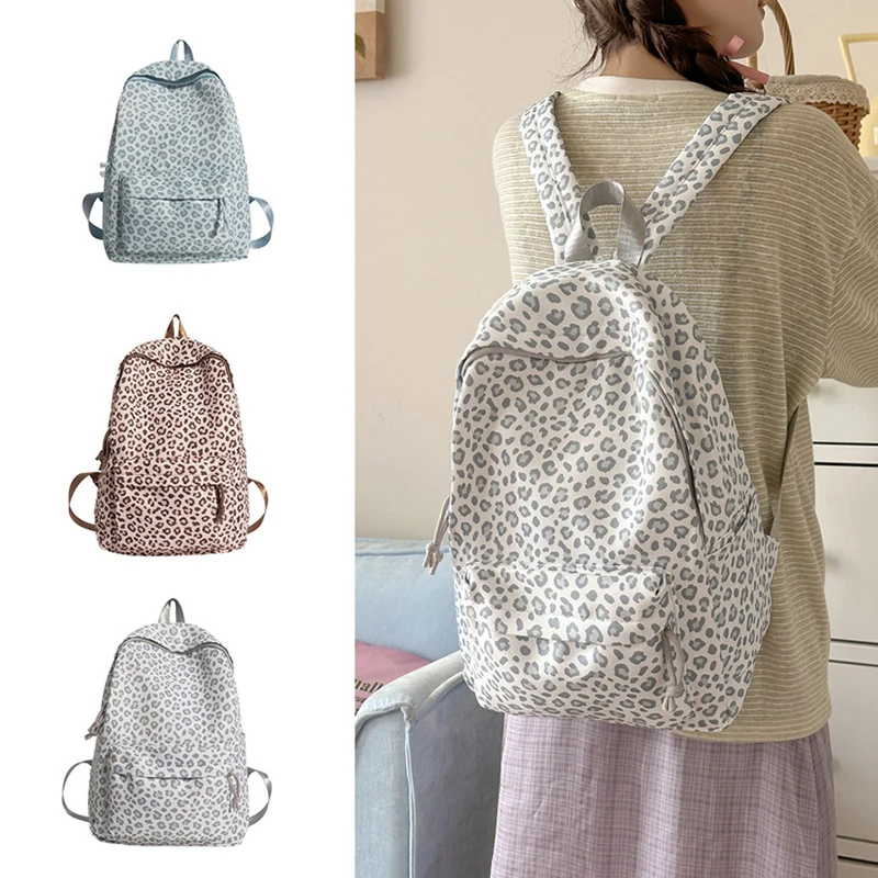 Retro Leopard Print Nylon Backpack Multi Compartment Large Capacity Computer Bag Korean Fashion Casual Outdoor Travel Backpack