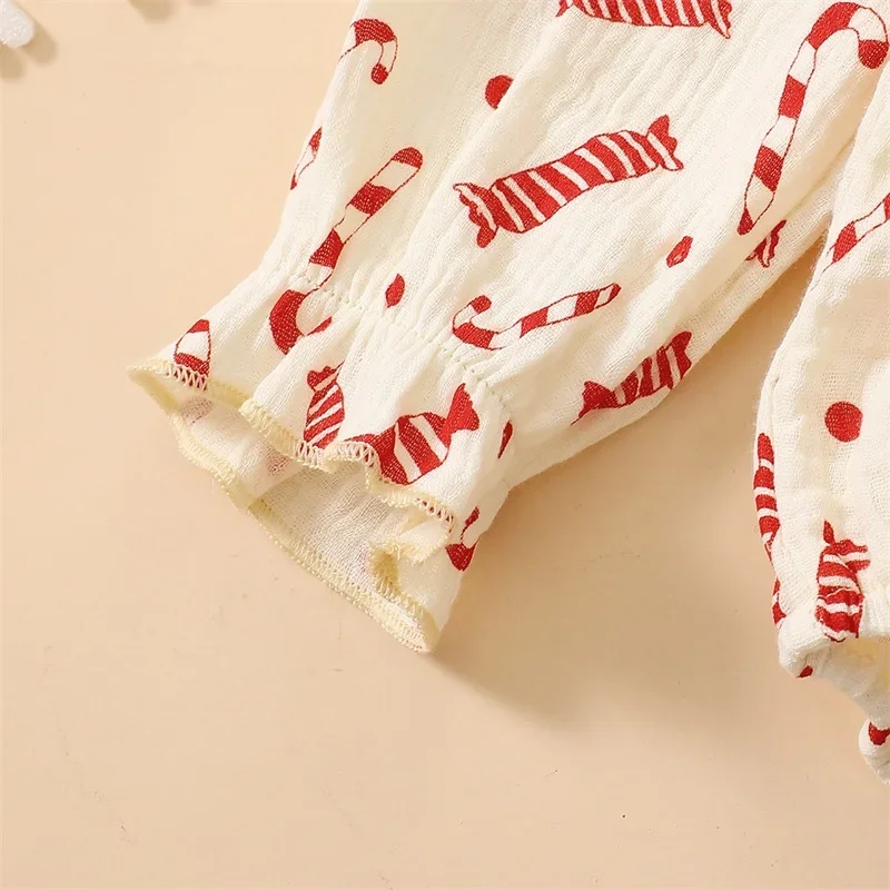 Baby Girls Christmas Candy Cane Print Rompers Ruffled Bubble Jumpsuits with Headband Newborn Xmas Clothes