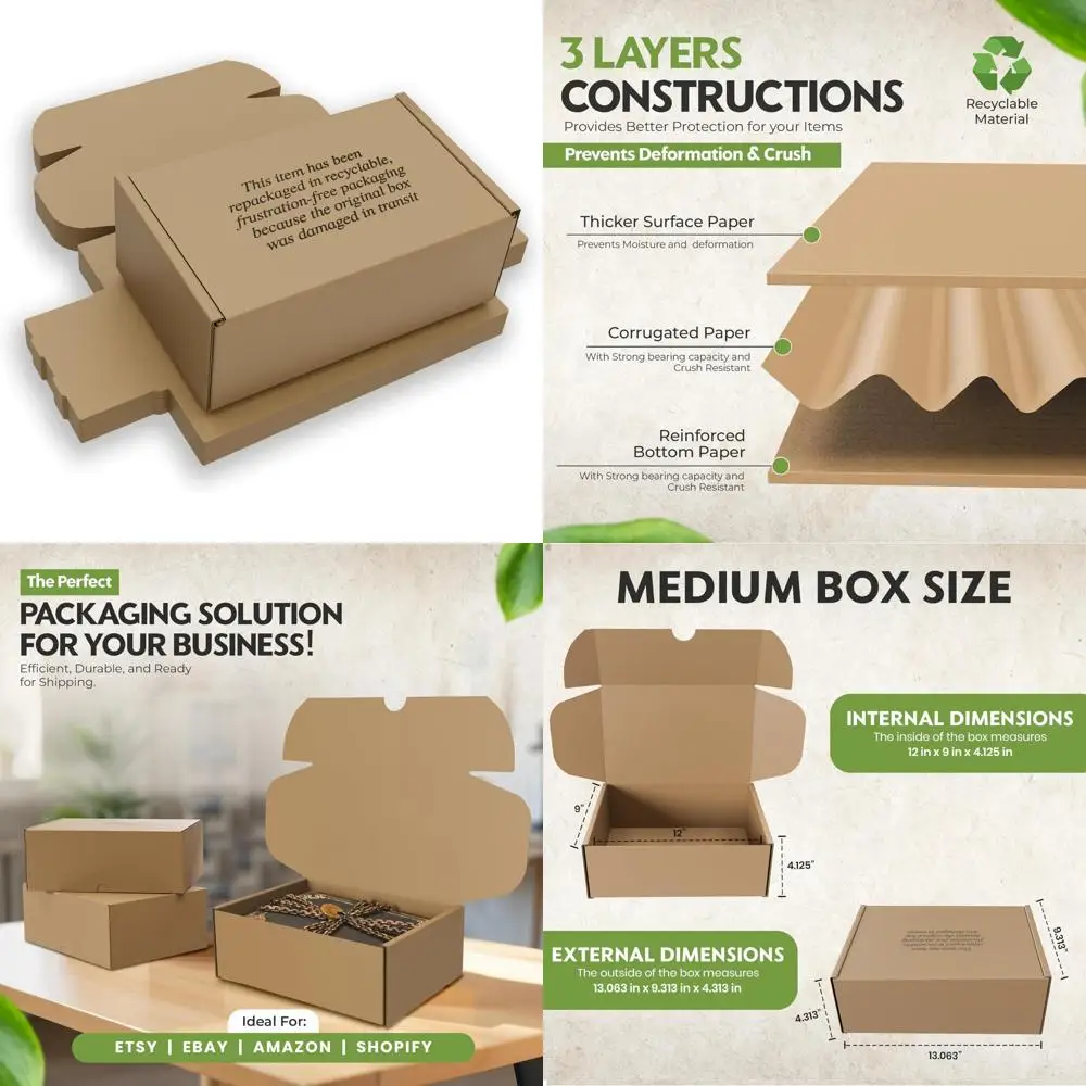 Medium Heavy-Duty Cardboard Shoe Boxes for Shipping - 12x9x4.125 Inch Corrugated Mailing Boxes with Self-Seal Feature
