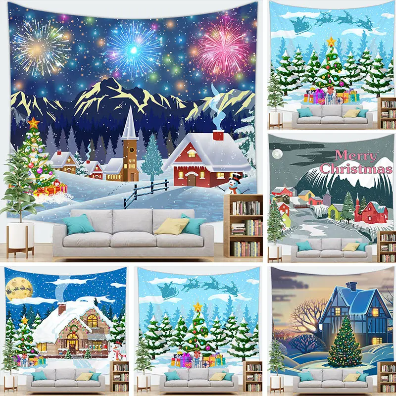 Рождественский гобелен на стену, Рождественский гобелен с мультяшным Санта-Клаусом, оленем, зимний снеговик, Рождественская вечеринка, украшение для дома