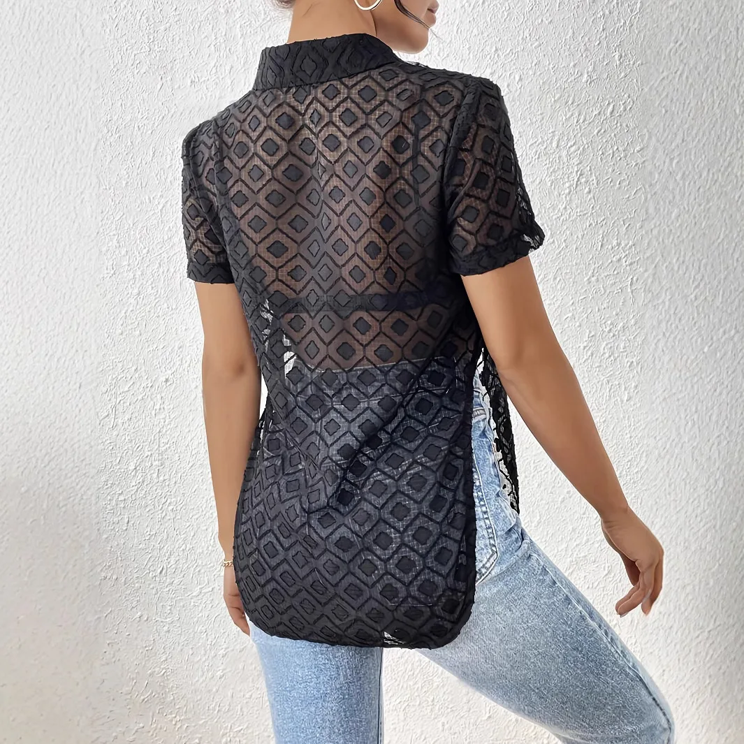2025 Summer New Solid Color Fashion Jacquard Chiffon Hem Split Short-sleeved Shirt Women's Top Cw11513