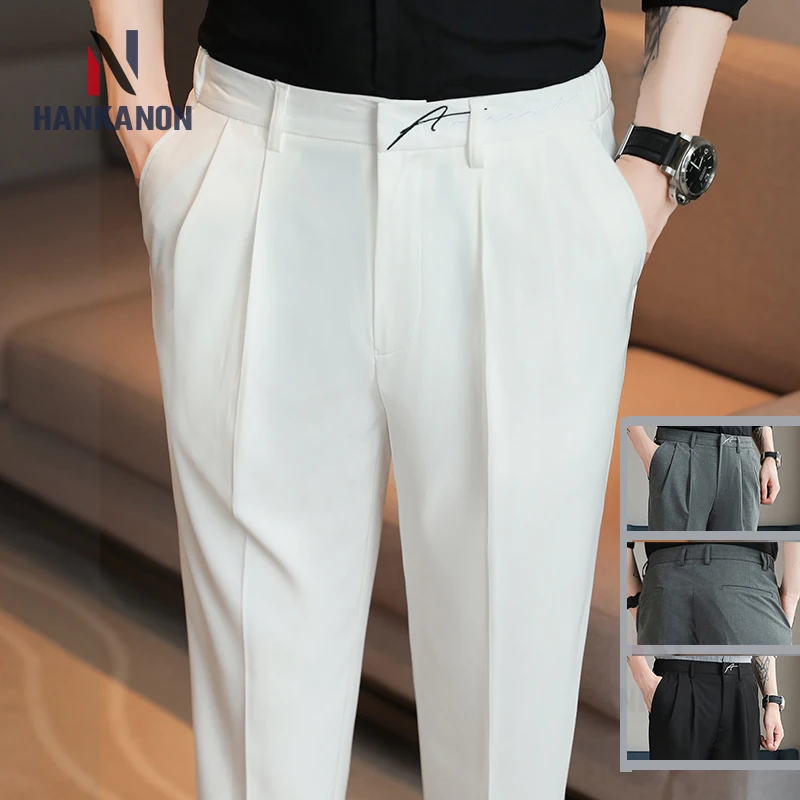 

2024 Summer New, Elastic Waist Casual Pants, Embroidered Ankle Pants, Korean Style Drape Suit Pant，Business Leisure Daily Office