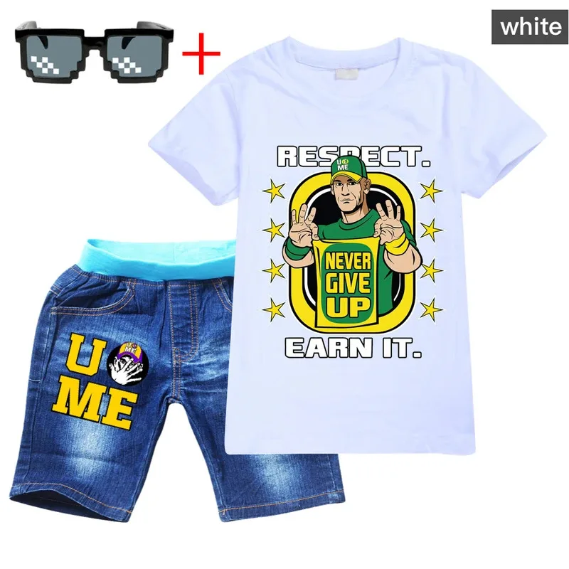 2023 여름 3-12세 남아 여아 의류 세트 아기 남자 존 시나 프린트 티셔츠 + 반바지 2종 아기 면 캐주얼 의류 세트