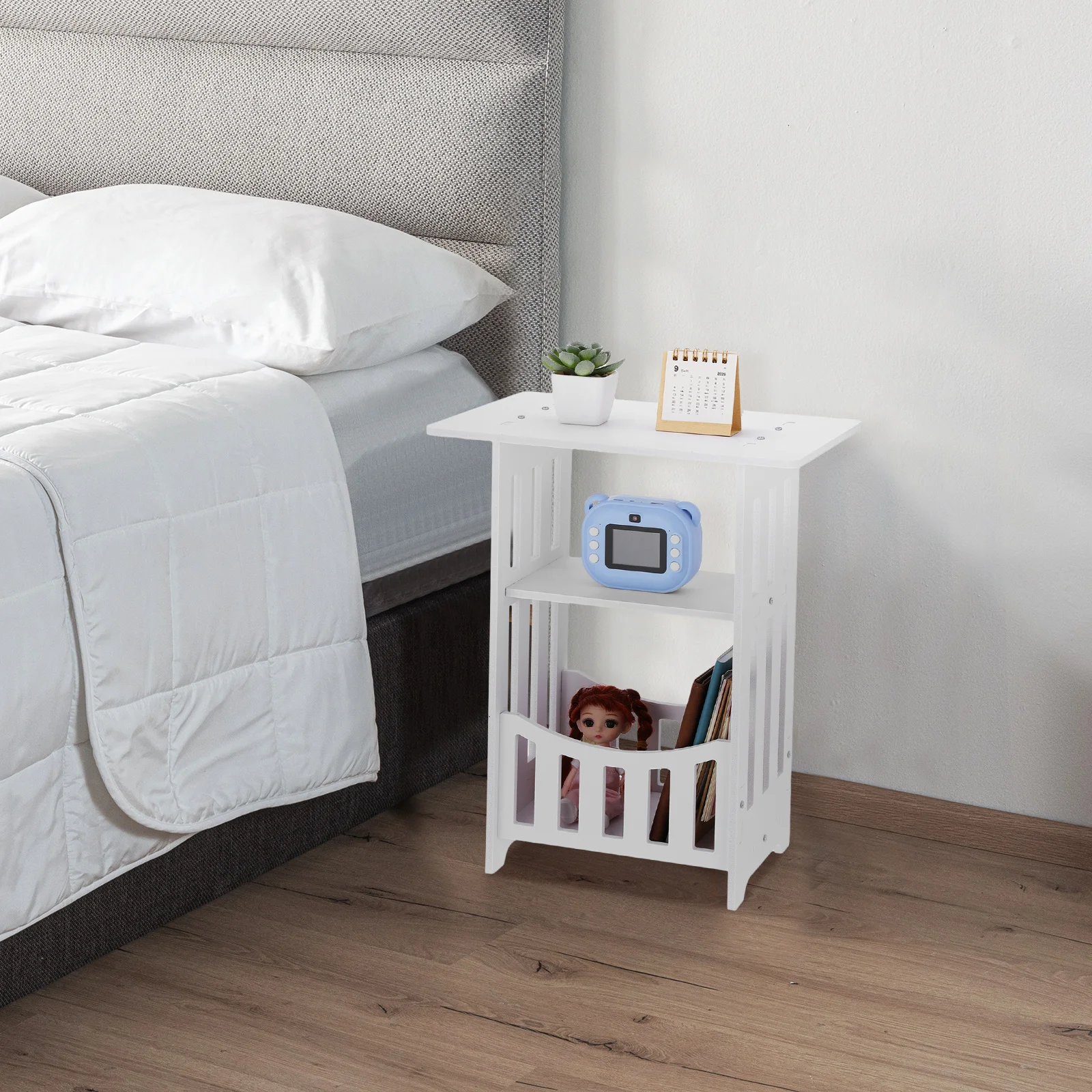 

Bedside Table PVC Wood Composite Nightstand Small Bedroom Sofa Side Table Hollow Design for Home Living Room Storage and Decor