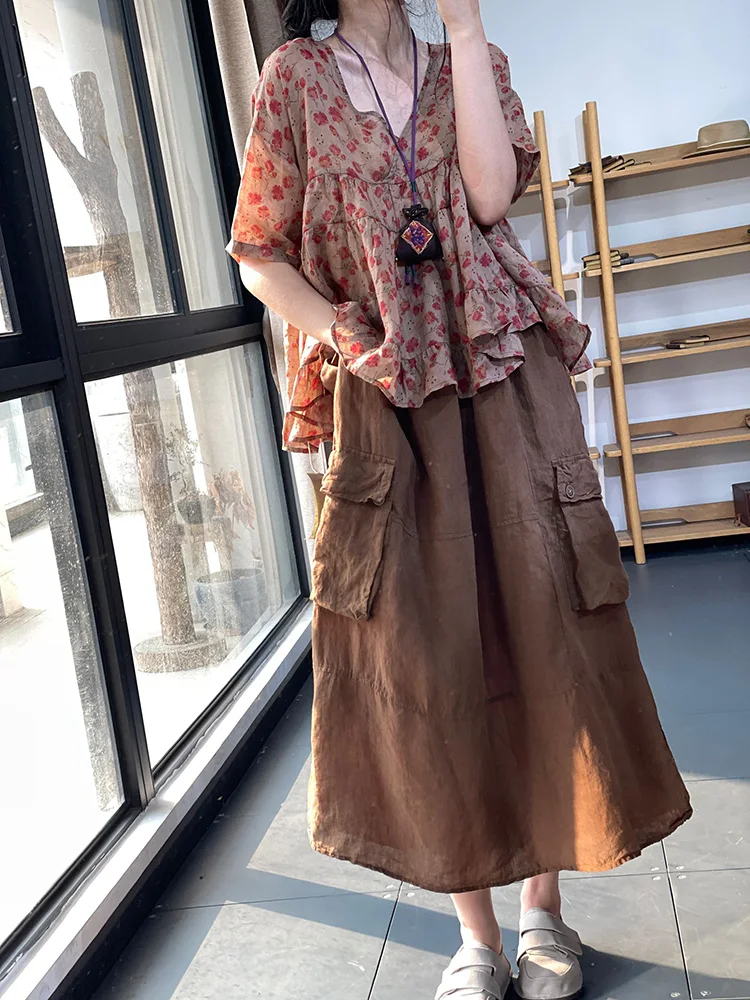 Csa de Aodão e Linho Estilo Coreano, Solta, com Manga Curta, Decote em V, Patchwork Floral, Top de Verão, Parte Superior...