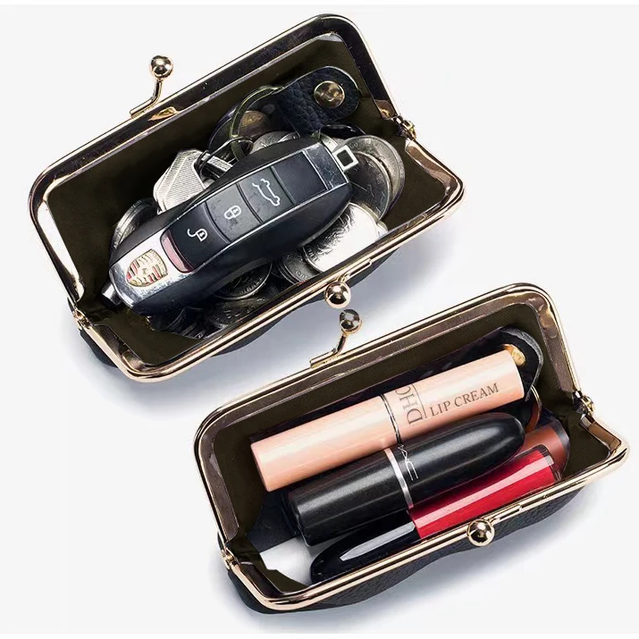 여성을위한 키 체인 동전 지갑 Kiss Lock 정품 가죽 캐주얼 보관 가방과 RFID 간단한 신용 카드 홀더