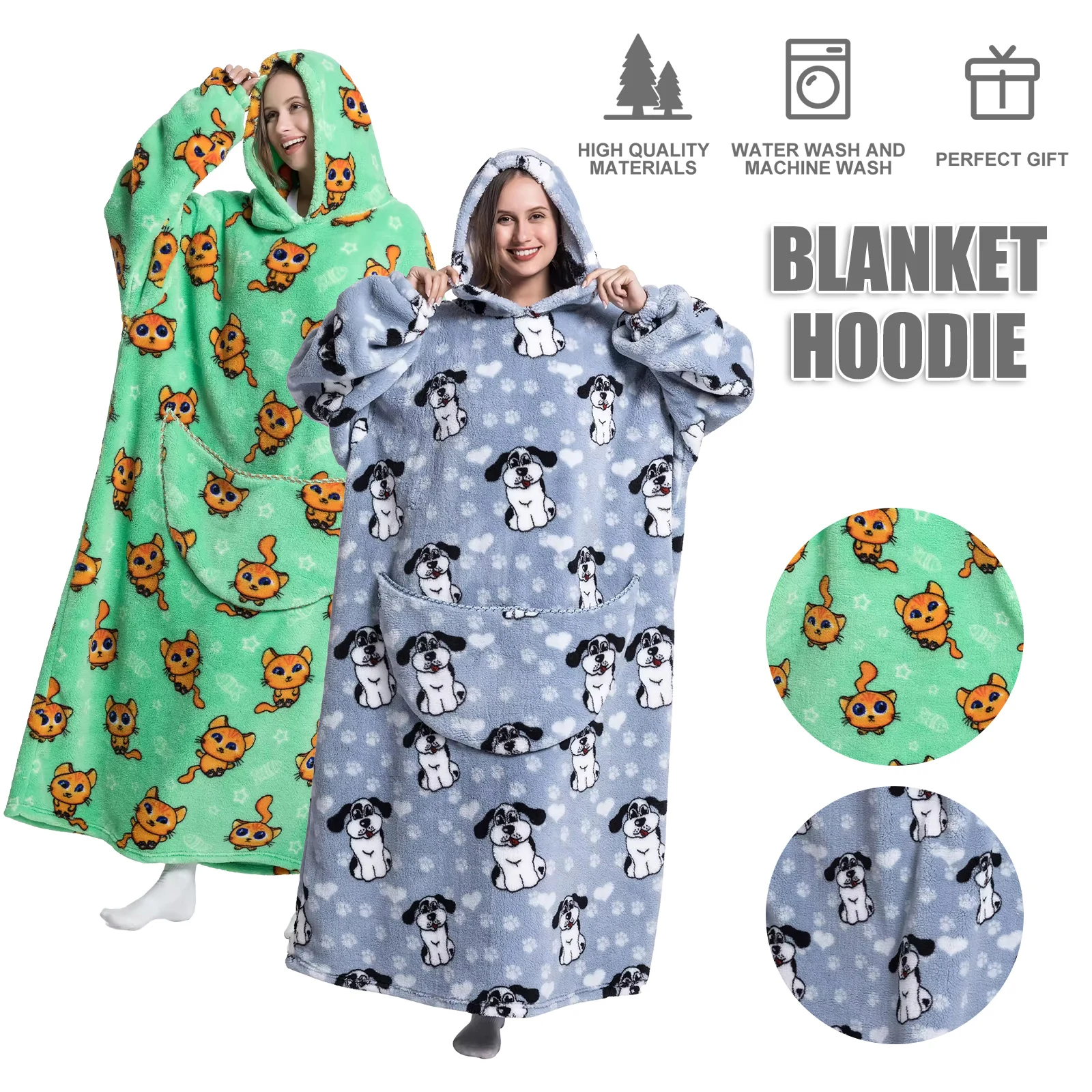 

Blanket Hoodie Oversized Wearable Blanket Sweatshirt Cute Cartoon Printed Hooded Blanket with Giant Pockets Warm Cozy Wearable