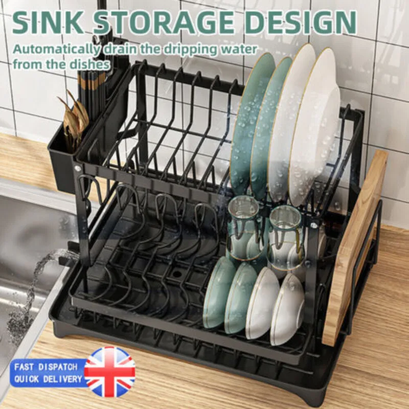 2 Tier Kitchen Dish Rack Plate Cup Drying Drainer Drip Tray Cutlery Holder Home