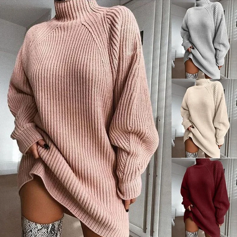 

2023 New Turtleneck Long Sleeve Sweater Dress Women Autumn Winter Loose Tunic Knitted Casual Pink Gray Clothes Solid Dresses Red