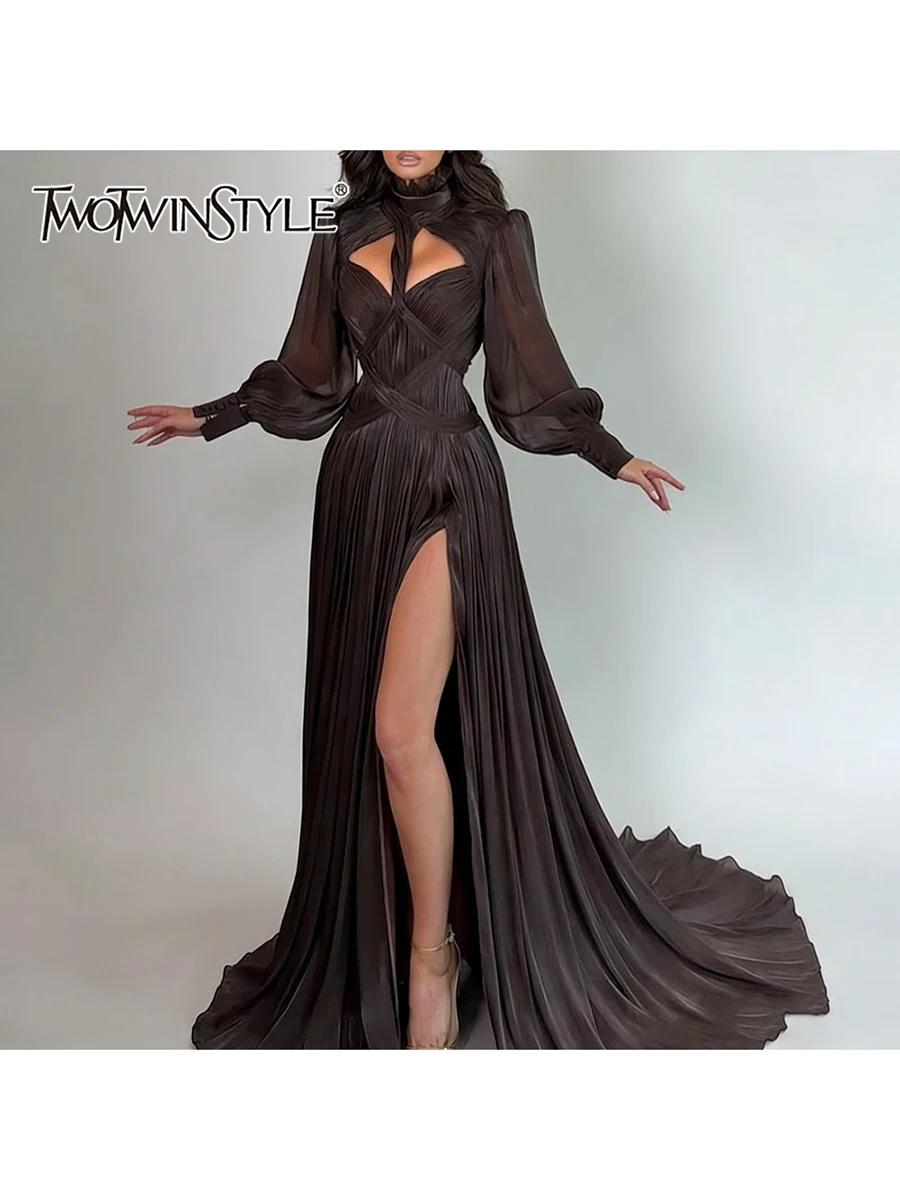 

TWOTWINSTYLE сексуальное полое платье макси для женщин водолазка с рукавами-фонариками и высокой талией для похудения однотонные вечерние платья с разрезом женские