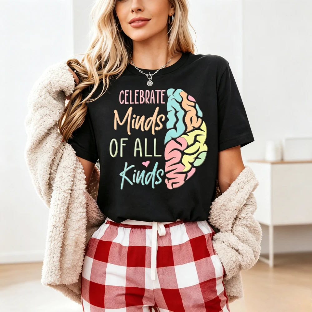 Celebrate Minds of All Kinds Brain Graphic Women TShirt Cotton Short Sleeve Shirt Creative Brain Print Summer Top Women Clothing