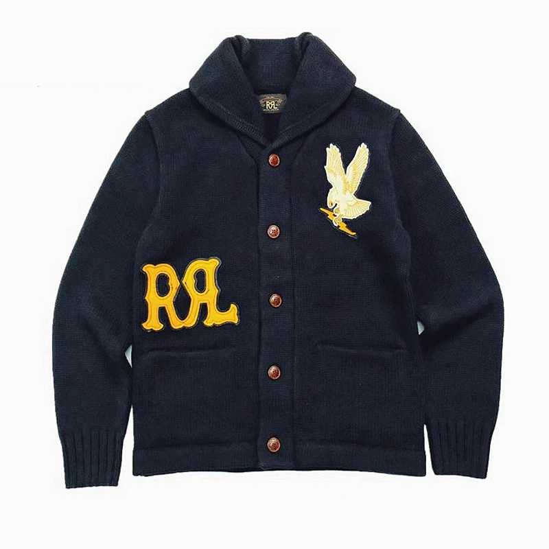 RL Heavy Eagle Badge Navy Retro Twist Blended Knitting Needle Blue Cardigan Sweater