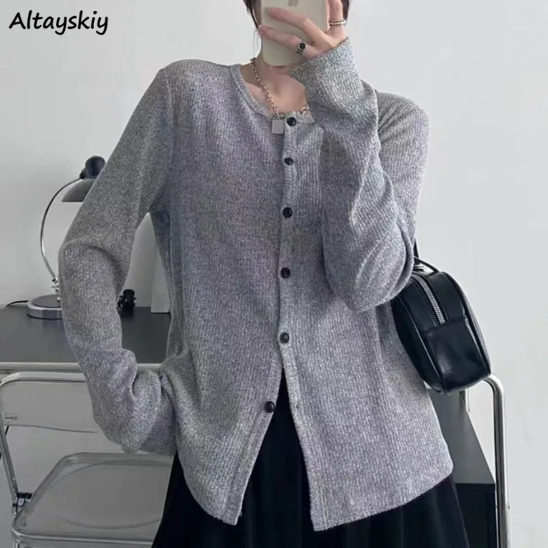 Solid Cardigans for Women Long Sleeve Spring Autumn O-neck Single Breasted All-match Fashion Casual New Minimalist New Popular