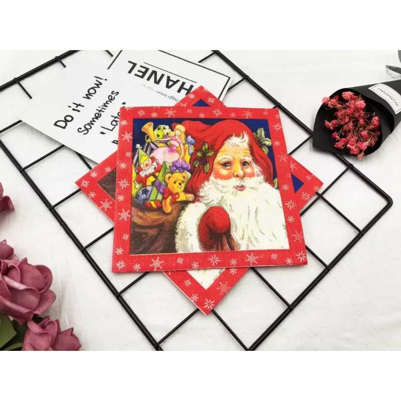 Wholesale Customizable Santa Claus Colorful Printed Napkins Christmas Celebration Party Paper Napkins Mouth Cloth Folding Flower