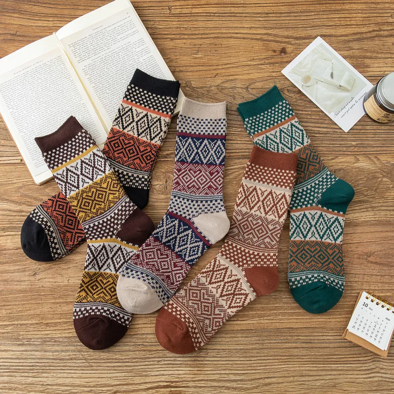 New Socks Autumn Winter Women Socks Geometry Cotton Socks National Wind Rhombic Socks Retro Student Tide Socks Solid Color Socks