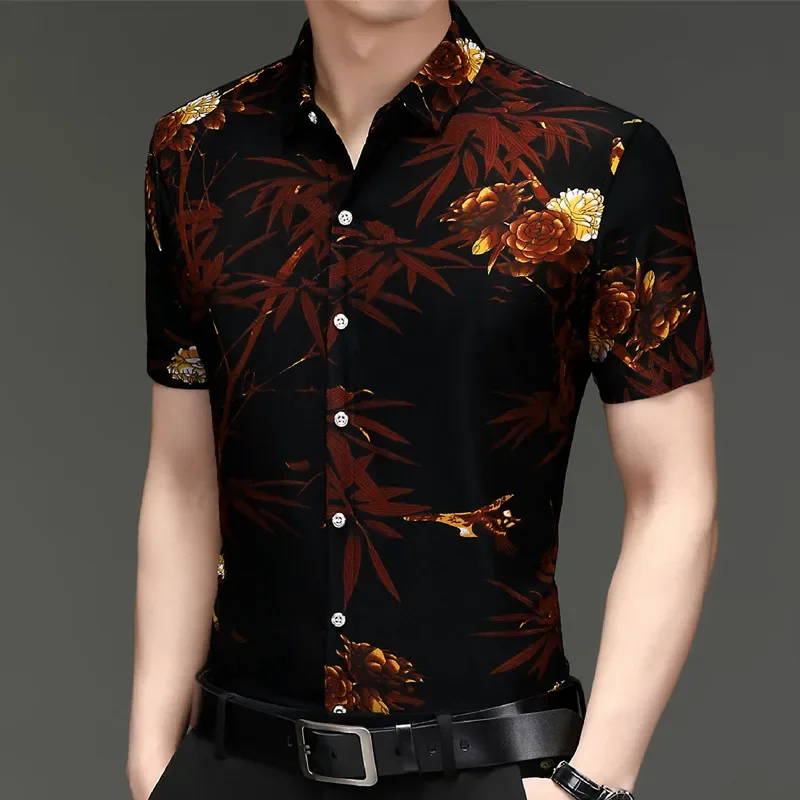 New Summer Men\'s Flower Animal Pattern Short sleeved Shirt Top