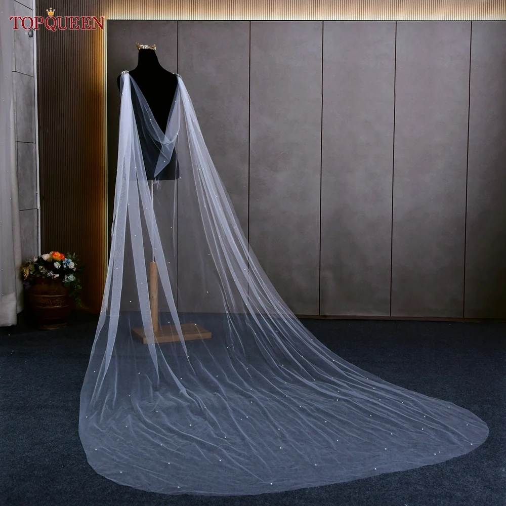 TOPQUEEN G64 ślubne długie welony ślubne bolerko kurtka Trailing Pearl Cape Veil katedra długie Bridal Wrap z koralikami szpilki