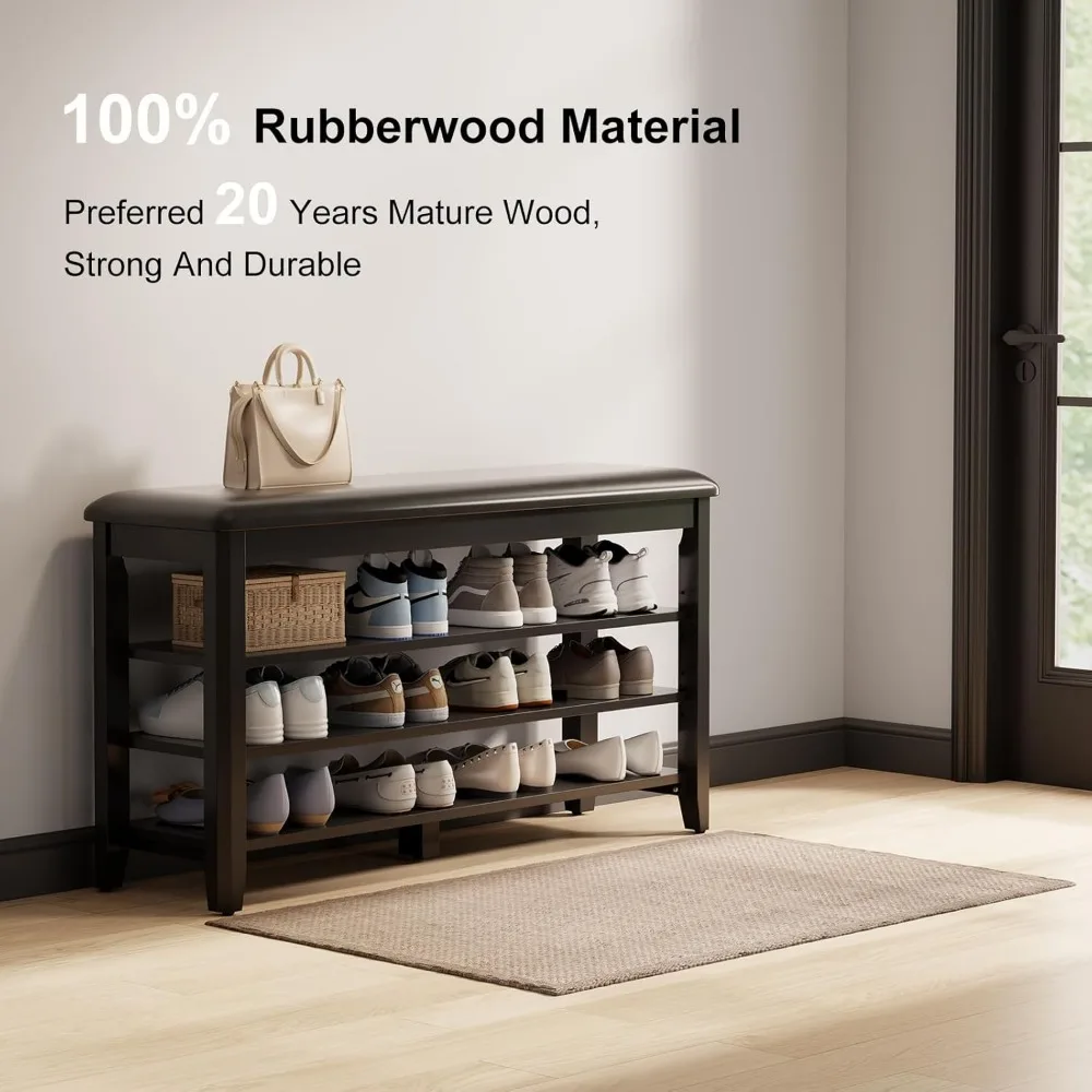 مقعد أحذية مع وسادة جلدية، مقعد تخزين أحذية من 3 طبقات قابل للتعديل، مقعد مدخل من خشب الجوز للممر وغرفة الطين