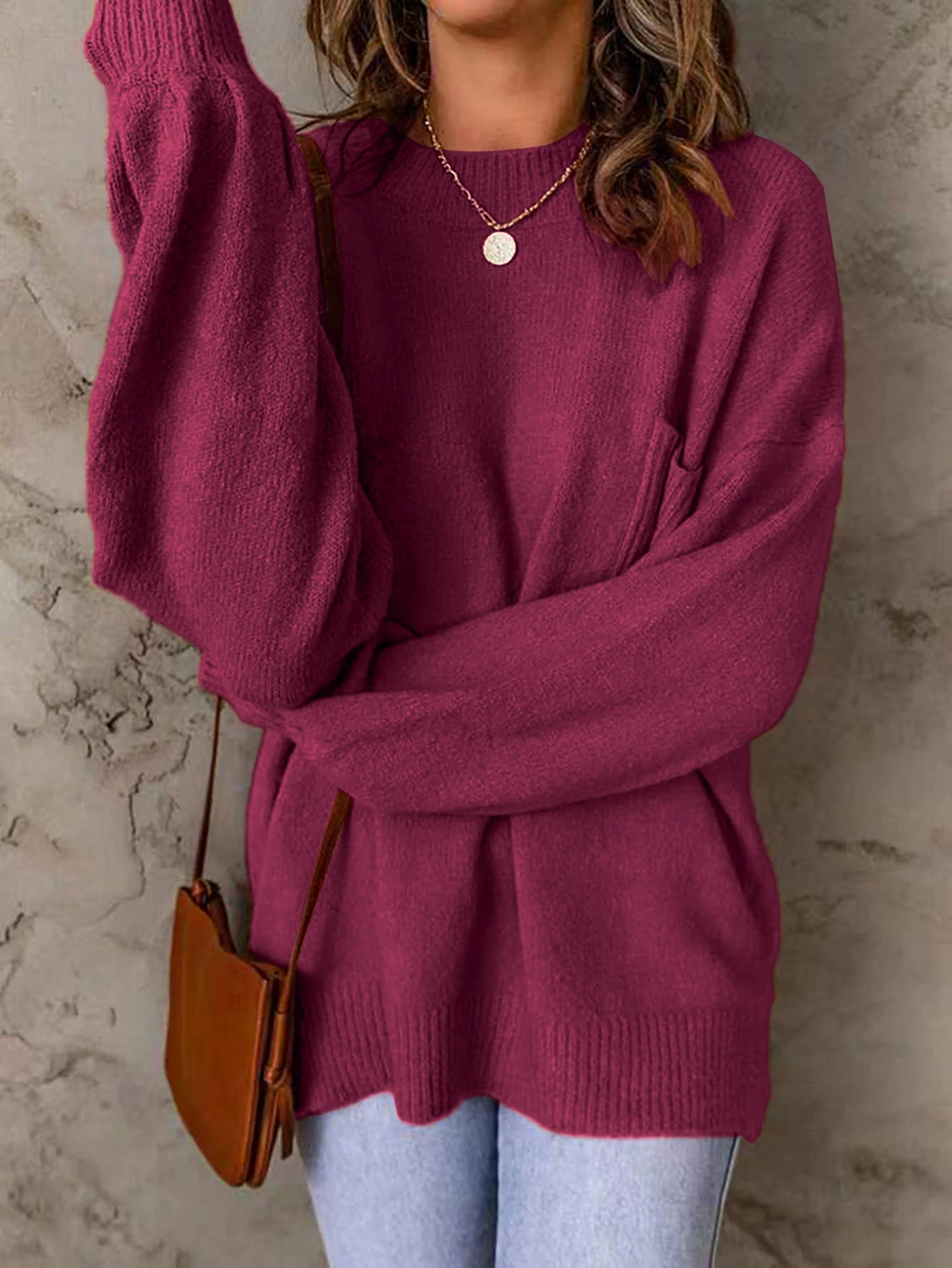 Round neck long sleeve solid color sweater loose lazy style high neck solid color loose pullover woman