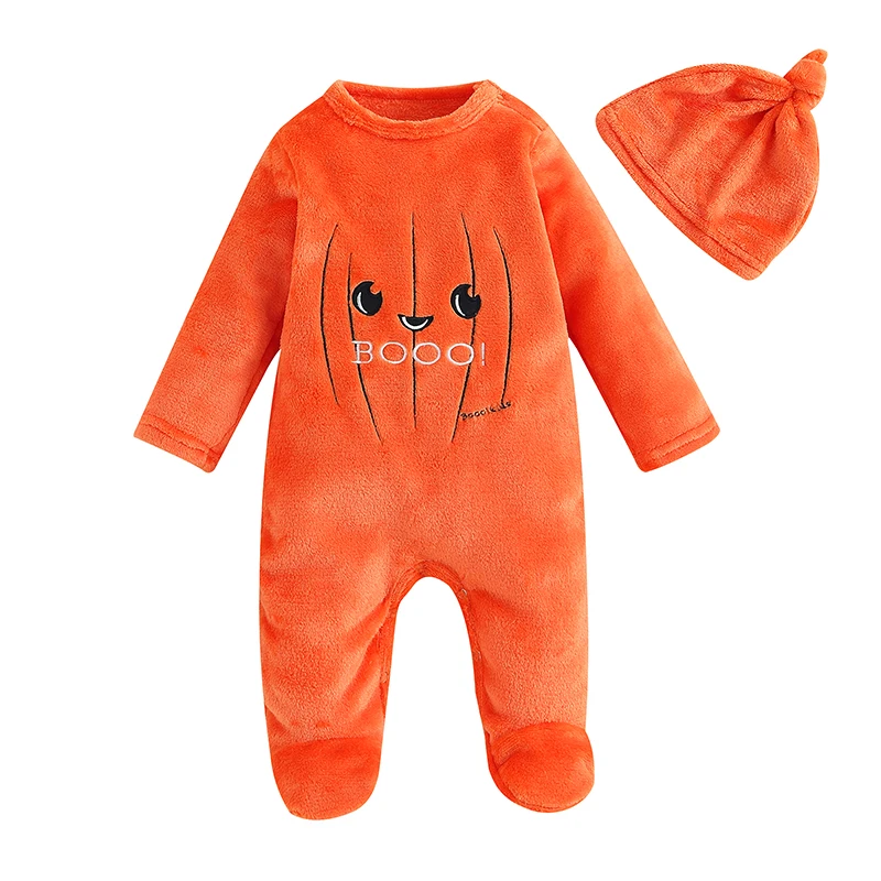 2023-07-01 Lioraitiin 0-18M Toddler Baby Boy Girl Halloween Rompers 2Pcs Pumpkin Pattern Long Sleeve Footed Jumpsuit and Hat