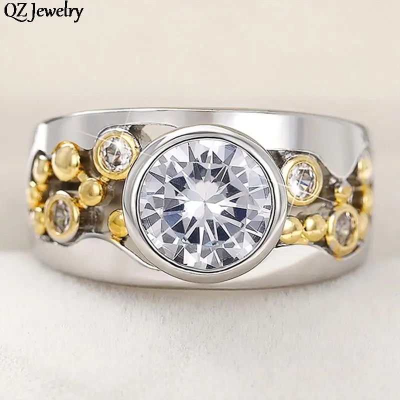 Personality Two Tone Design Rings Luxury Hollow Inlaid Round Cubic Zircon Finger Rings for Men Women Engagement Jewelry Gifts