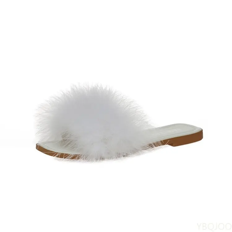 Mules Slippers Women Fashion Square Toe Furry Flat Shoes Office Ladies Slides Flats Green White Pink Zapatillas Mujer