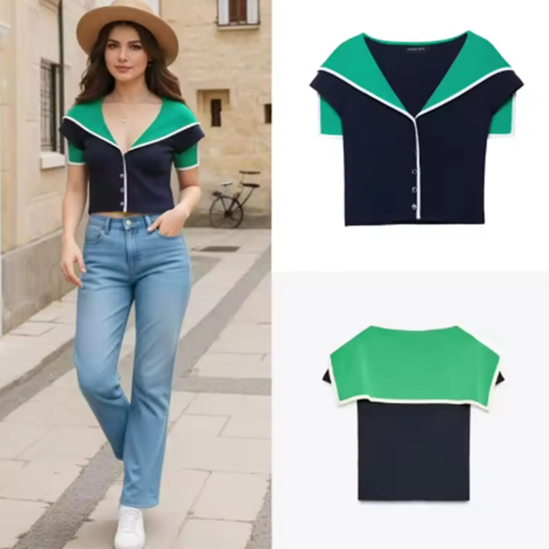 

Women's New Fashion Short Cardigan Contrast Design Short Sleeve Knitted Tops For Women Single Breasted Knitted Cardiga