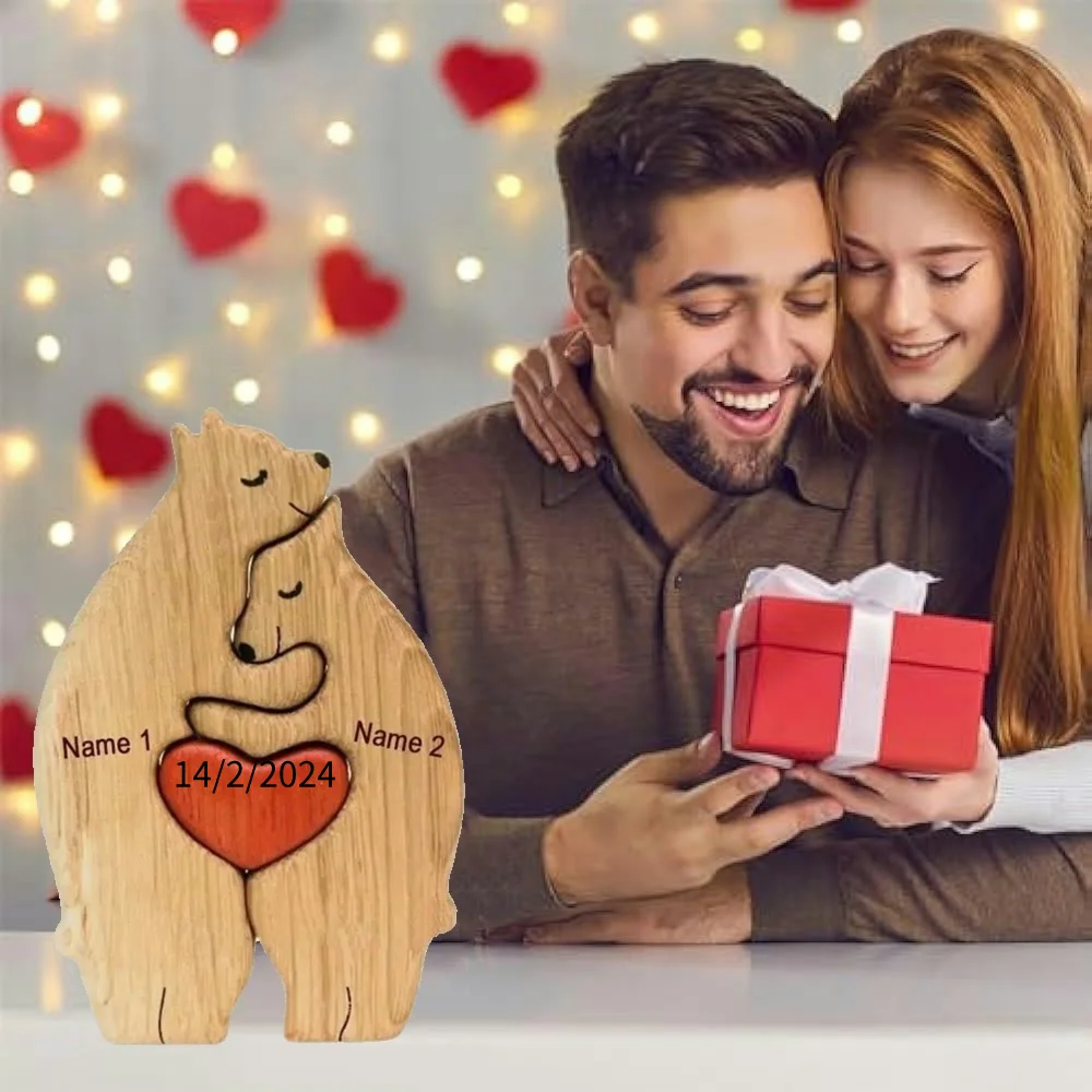 

Personalized Wooden Couple Bears Puzzle Valentines Day Anniversary Gift Custom Couple Name Sculpture Unique Customized date Gift